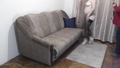 Wife made erotic session for her husband in professional salon. Master jerked off dick and cum on wife pussy - 4 image