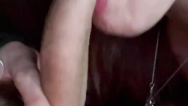 Sexy MILF swallows husbands big , hard cock while playing his game - 5 image