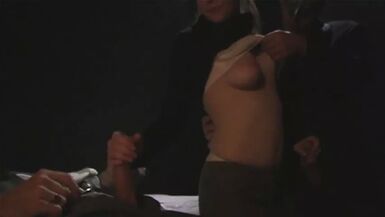 Cute blonde sucks and fucks two big dicks then gets a huge facial by candlelight - 1 image