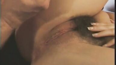 Leggy brunette with great tits fucked in her hairy pussy after blow job on sofa - 4 image