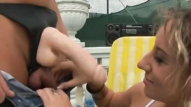 Naughty blonde with curly hair likes when her boyfriend uses strap-on before he drills her at the sundeck - 2 image