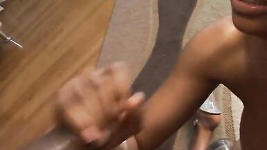 Big dick guy gets his rod sucked by pretty black slut before cumming on her - 15 image