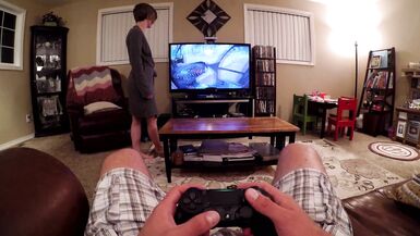 Sucking His Cock While He Games Cum on Tits - 2 image