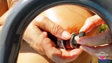 nippleringlover milf horny masturbating outdoors in pool inserting huge screws in extreme stretched pierced nipples