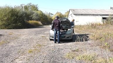 Public sex. Sexy mommy Milf Frina car broke down again. Random passer by guy helped to repair and fucked Frina with doggy style on hood of auto. Outdoor Outside Outdoors - 1 image