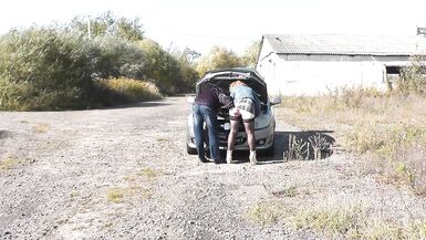 Public sex. Sexy mommy Milf Frina car broke down again. Random passer by guy helped to repair and fucked Frina with doggy style on hood of auto. Outdoor Outside Outdoors - 10 image