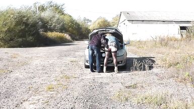 Public sex. Sexy mommy Milf Frina car broke down again. Random passer by guy helped to repair and fucked Frina with doggy style on hood of auto. Outdoor Outside Outdoors - 11 image