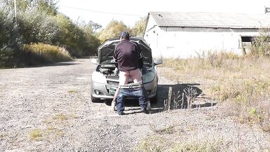 Public sex. Sexy mommy Milf Frina car broke down again. Random passer by guy helped to repair and fucked Frina with doggy style on hood of auto. Outdoor Outside Outdoors - 13 image