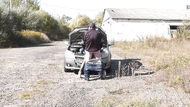 Public sex. Sexy mommy Milf Frina car broke down again. Random passer by guy helped to repair and fucked Frina with doggy style on hood of auto. Outdoor Outside Outdoors - 14 image