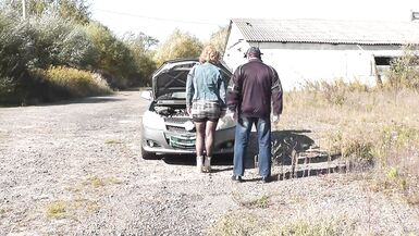 Public sex. Sexy mommy Milf Frina car broke down again. Random passer by guy helped to repair and fucked Frina with doggy style on hood of auto. Outdoor Outside Outdoors - 15 image