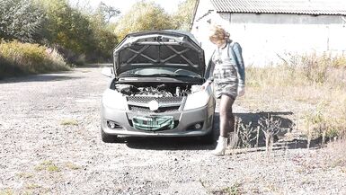 Public sex. Sexy mommy Milf Frina car broke down again. Random passer by guy helped to repair and fucked Frina with doggy style on hood of auto. Outdoor Outside Outdoors - 4 image