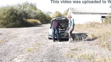 Public sex. Sexy mommy Milf Frina car broke down again. Random passer by guy helped to repair and fucked Frina with doggy style on hood of auto. Outdoor Outside Outdoors - 7 image