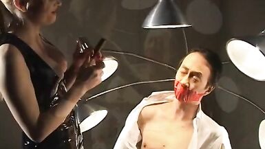 Dominant whore restrains sub guy and tortures his little cock and balls - 3 image