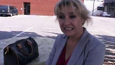 Salacious blonde cougar likes to polish the knob while other dude is dancing chocolate cha-cha with her