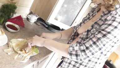 In stockings in high heels no panties and bra sexy mommy MILF Frina continues her nude cooking. Hot and cold minced meat roll on the menu today - 14 image