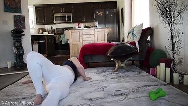 Aurora Willows, Behind the scenes yoga workout in white yoga pants and bare feet, no panties. - 10 image