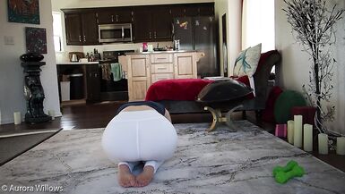Aurora Willows, Behind the scenes yoga workout in white yoga pants and bare feet, no panties. - 12 image