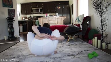 Aurora Willows, Behind the scenes yoga workout in white yoga pants and bare feet, no panties. - 15 image