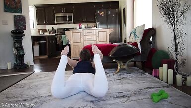 Aurora Willows, Behind the scenes yoga workout in white yoga pants and bare feet, no panties. - 5 image