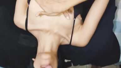 My girlfriend's best friend deep throats my big cock and I cum on her tits - 6 image