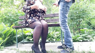 The adventures of a dirty milf in pantyhose in the park on a bench - 14 image
