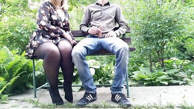 The adventures of a dirty milf in pantyhose in the park on a bench
