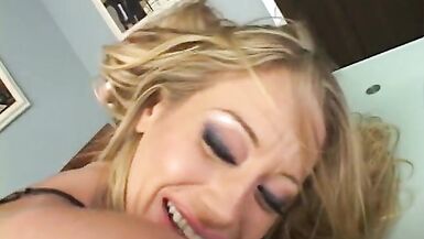 Blonde peacherino caress fellow's dick with her  feet and got double stretced by two horny men - 4 image