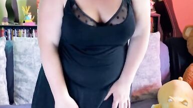 Edging Orgasms with WeVibe plus Hitachi - Black Dress Striptease - BBW 38G Torpedo Tits and G-string - Plus Size Model - 4 image
