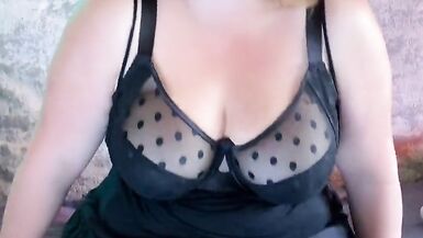 Edging Orgasms with WeVibe plus Hitachi - Black Dress Striptease - BBW 38G Torpedo Tits and G-string - Plus Size Model - 6 image