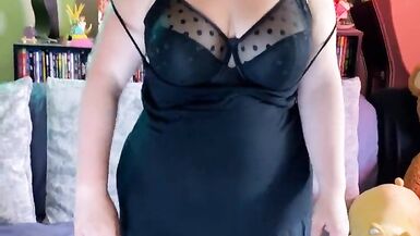 Edging Orgasms with WeVibe plus Hitachi - Black Dress Striptease - BBW 38G Torpedo Tits and G-string - Plus Size Model - 7 image
