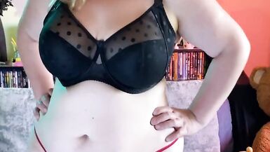Edging Orgasms with WeVibe plus Hitachi - Black Dress Striptease - BBW 38G Torpedo Tits and G-string - Plus Size Model - 8 image
