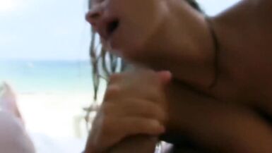 big tits hot milf gives amazing blowjob on beach - 13 image
