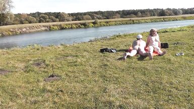 Wild beach. Nudist beach. Outdoors on bank of river lover fucks doggystyle beautiful sexy MILF Frina. Oudoor. Ouside. Naked in public. Sex in public - 10 image