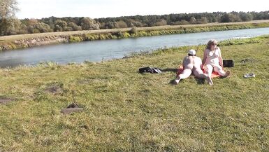 Wild beach. Nudist beach. Outdoors on bank of river lover fucks doggystyle beautiful sexy MILF Frina. Oudoor. Ouside. Naked in public. Sex in public - 11 image