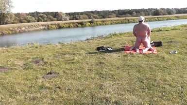 Wild beach. Nudist beach. Outdoors on bank of river lover fucks doggystyle beautiful sexy MILF Frina. Oudoor. Ouside. Naked in public. Sex in public - 13 image