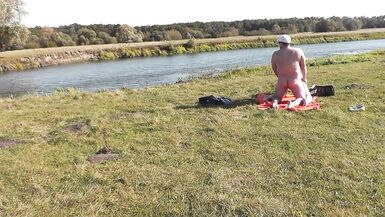 Wild beach. Nudist beach. Outdoors on bank of river lover fucks doggystyle beautiful sexy MILF Frina. Oudoor. Ouside. Naked in public. Sex in public - 14 image