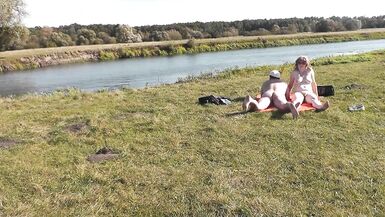 Wild beach. Nudist beach. Outdoors on bank of river lover fucks doggystyle beautiful sexy MILF Frina. Oudoor. Ouside. Naked in public. Sex in public - 5 image