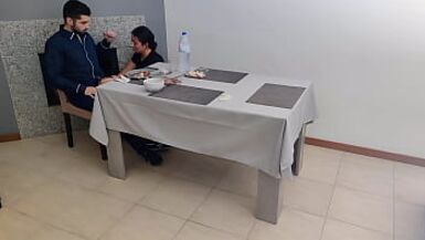 Waitress with creamy pussy gets an internal cumshot under the restaurant table - 1 image