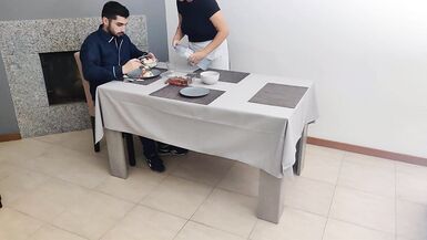 Waitress with creamy pussy gets an internal cumshot under the restaurant table - 5 image