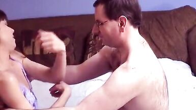 Hairy white dude sticks skinny strumpet as two lesbians muff dive on the couch - 3 image