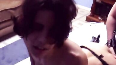 Brunette gets bent over and girl fucks her with massive strap-on - 8 image