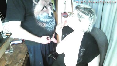 The old Fox squeezes the tits of his eternally inexperienced bitch, and she gratefully sucks his cock! )) - 9 image