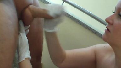 MILF Maid gives Handjob in rubber gloves and take his cum watch online