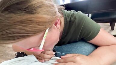 MILF MsKinky sucks a cock under the table, ends with a load of cum on her big ass - 6 image