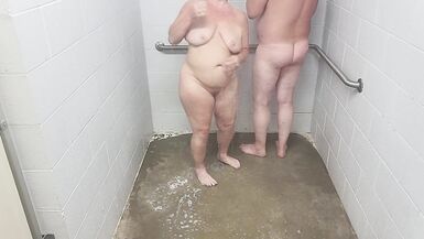 Husband and blonde wife showering - 4 image