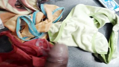 Compilation of big cumshots on my wife and her stepsister's used panties - 11 image