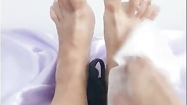 Foot fetish with black lace thongs covered with cosmetics - 14 image