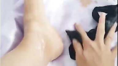 Foot fetish with black lace thongs covered with cosmetics - 9 image
