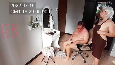 Nudist barbershop. Nude lady hairdresser in an apron makes client to strip. Security camera. The client is surprised. real spy cam 1 - 4 image