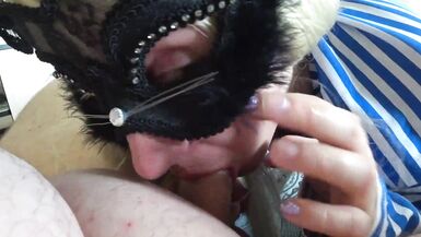 Mature couple sex, blowjob and cum in mouth. A slender milf with a gorgeous ass sucks a fat lover's dick and fucks him in a hairy pussy. Amateur POV. Home fetish and close-ups. - 8 image
